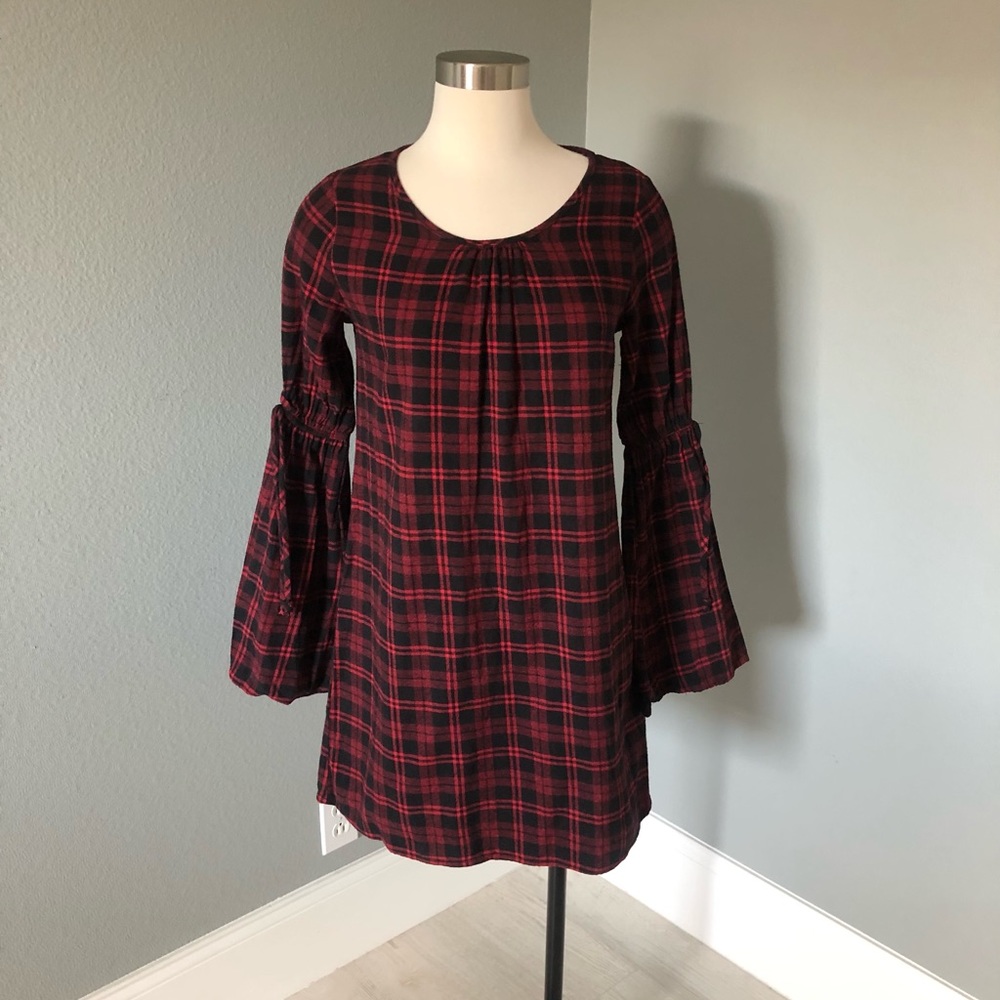 2 Hearts Plaid Flannel Bell-Sleeve Shift Dress - Picture 1 of 16
